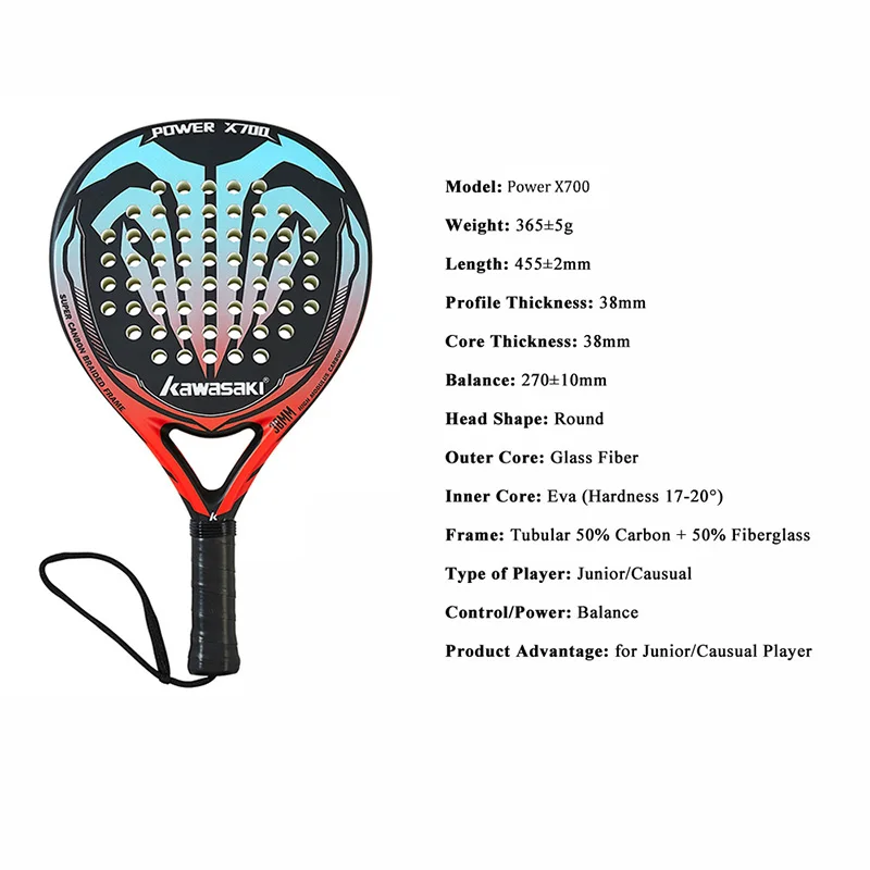 Kawasaki Paddle Rackets 3K Carbon Fiber Soft EVA Face Tennis Paddle Racquet with Padle Bag Cover Power X700 Padel Profissional