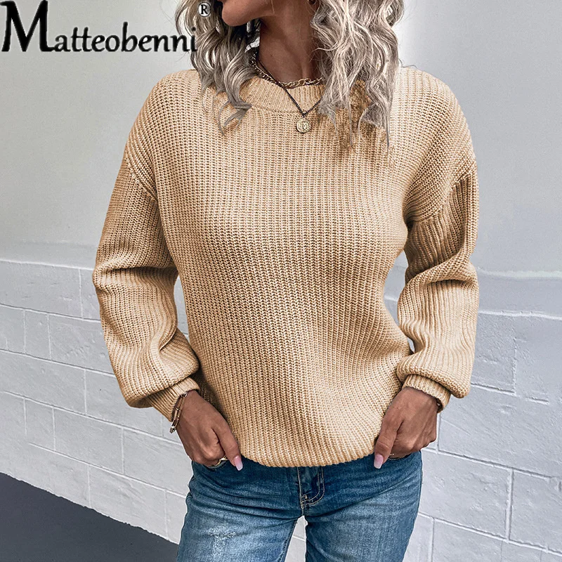 Autunno inverno maglione lavorato a maglia da donna elegante tinta unita O collo Pullover maniche a lanterna maglione caldo spesso top Casual femminile