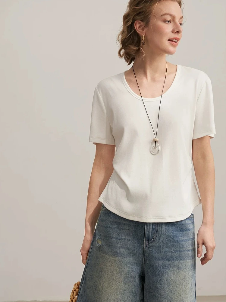LIEDU Slim Fit Curvy T Shirt Women U Neck Short Sleeve Knit Ruched Waist Solid Color Outfit