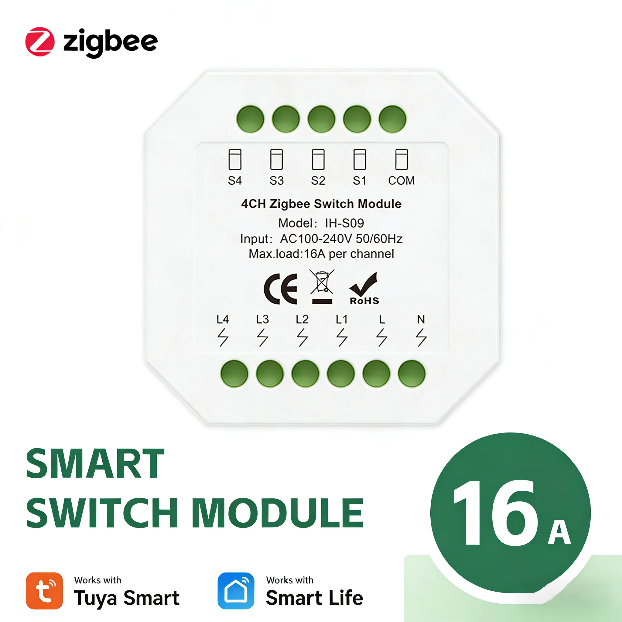 Zigbee Smart Relay Switch Module 4CH 16A IH-S09 AC100-240V Tuya Smart Life Remote Control for Home Automation System