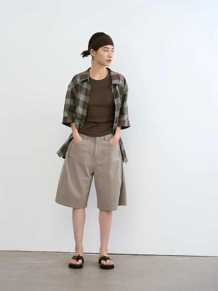 

Льняная рубашка Nothingnowhere Summer 2025 в клетку свободного кроя с коротким рукавом для женщин: комфортная, дышащая, приятная к телу, для повседневной носки