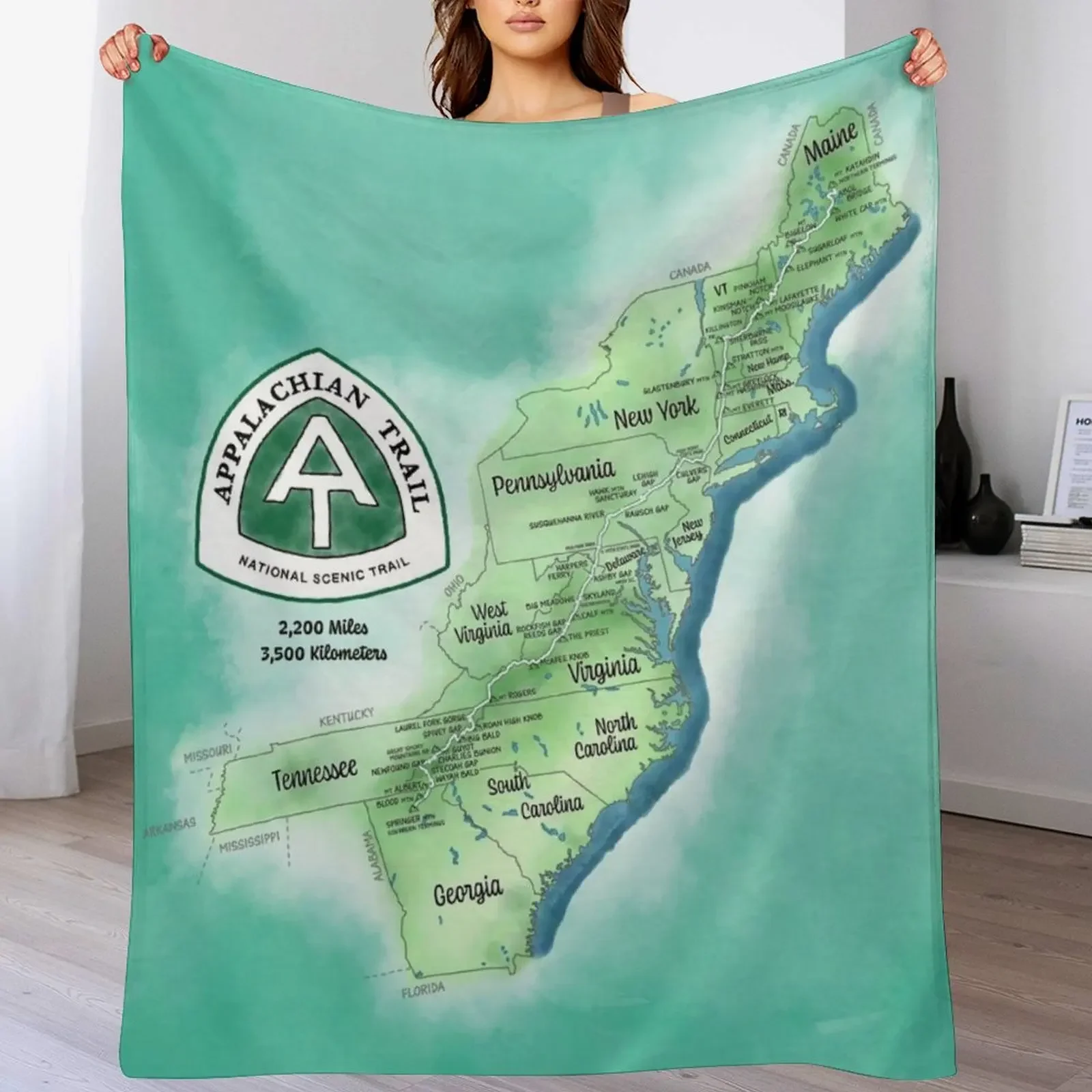 Appalachian Trail Map Throw Blanket Thin Soft Blanket for Summer Night Sleeping