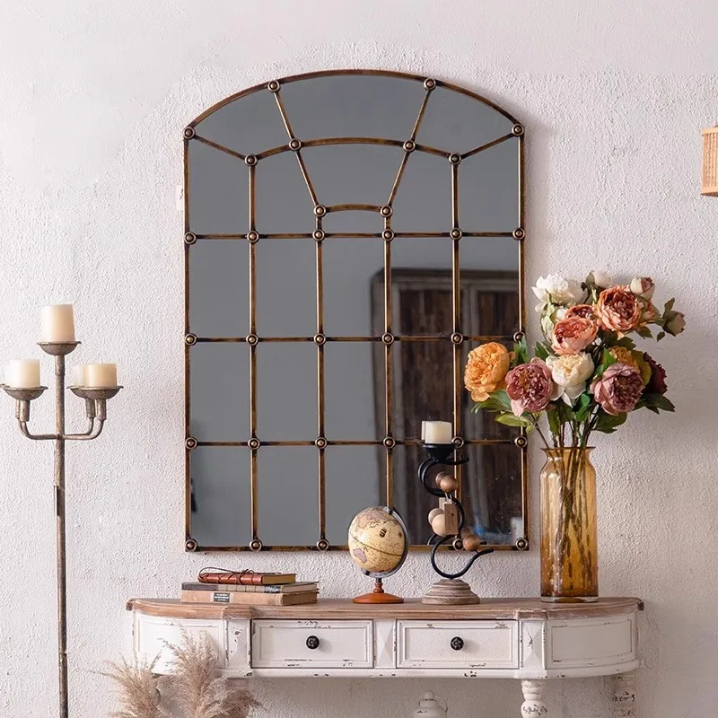American retro full-body mirror, wall-mounted wrought iron entrance makeup mirror, industrial style light luxury