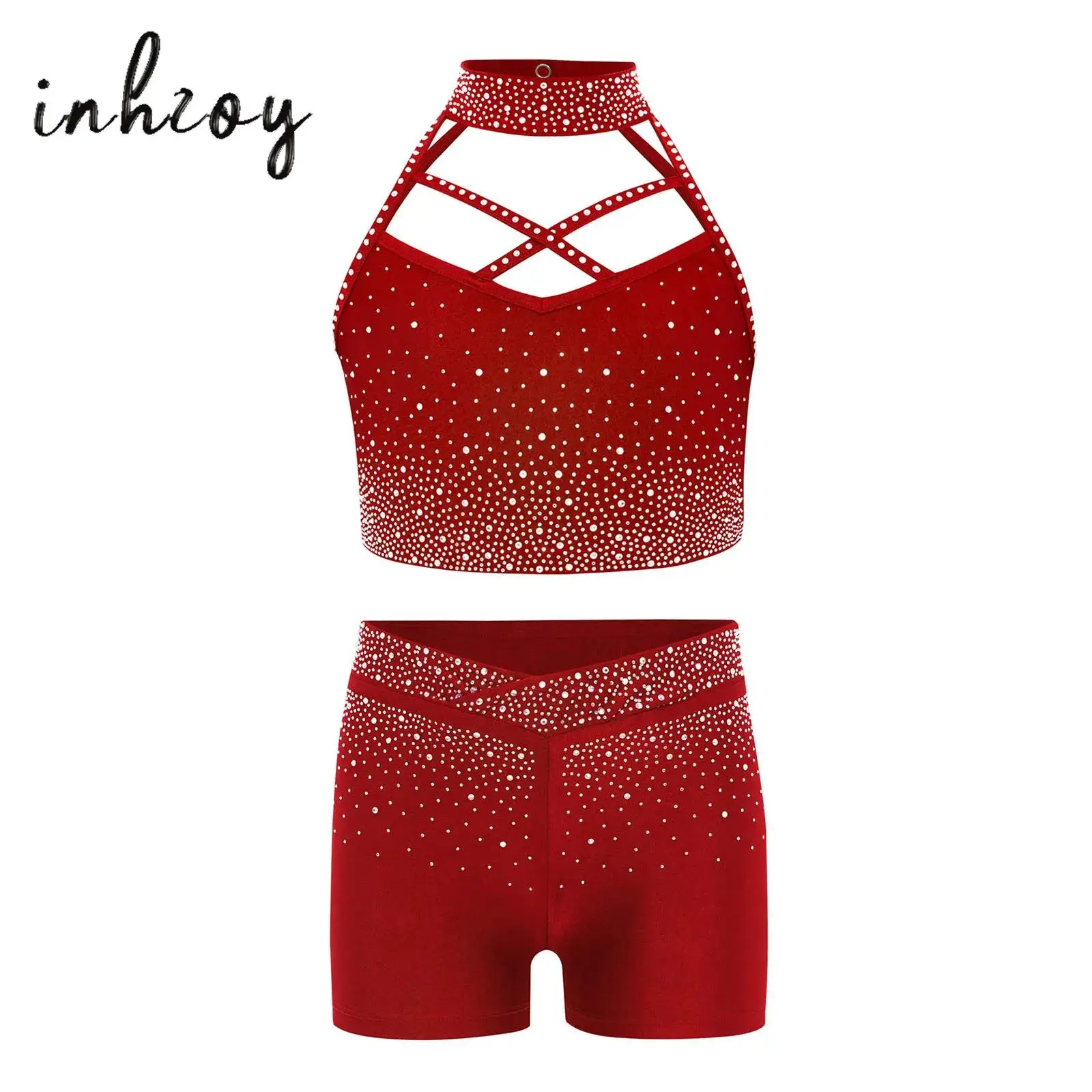 Kids Girls Gymnastics Dance Performance Costume Halter Sleeveless Cross Front Backless Shiny Rhinestones Tank Crop Top+Shorts