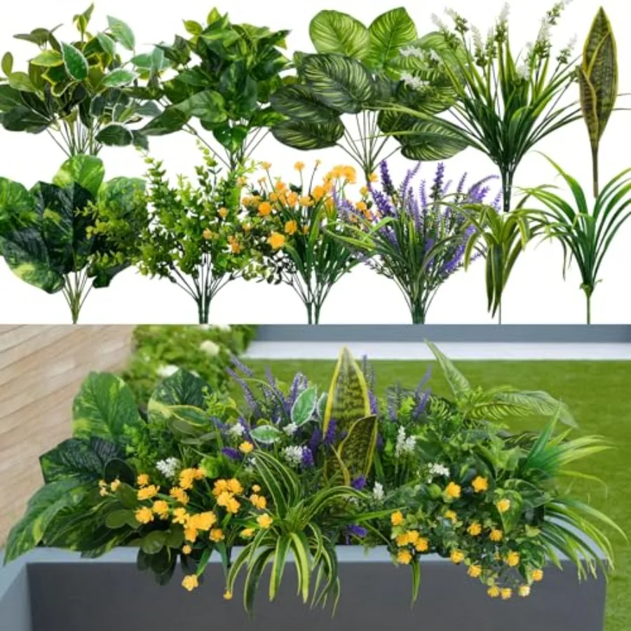 

19 Bundles Outdoor Faux Plants, Artificial Plants and Flowers UV Resistant Fake Plastic Leaves Greenery Stems for Outside Windo