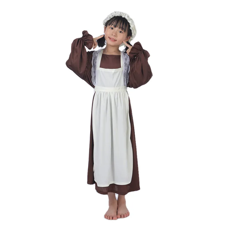 زي خادمة الفتاة الفيكتوري مع المئزر وقبعة ، فستان فتاة الكلية ، أبيض وأسود ، زي الكلية للأطفال