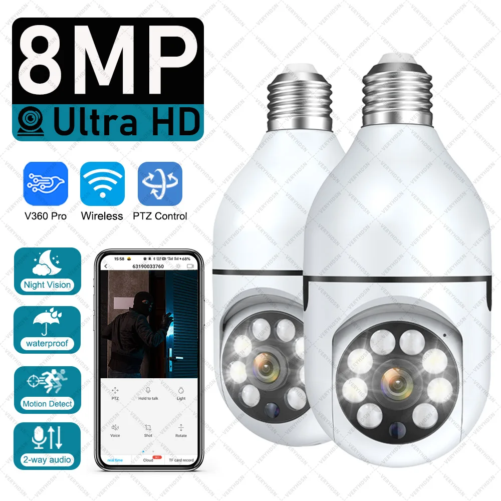 Lampadina E27 Telecamera WIFI Telecamere di sorveglianza per visione notturna 8MP Monitoraggio umano automatico Zoom digitale 4X Video Monitor di