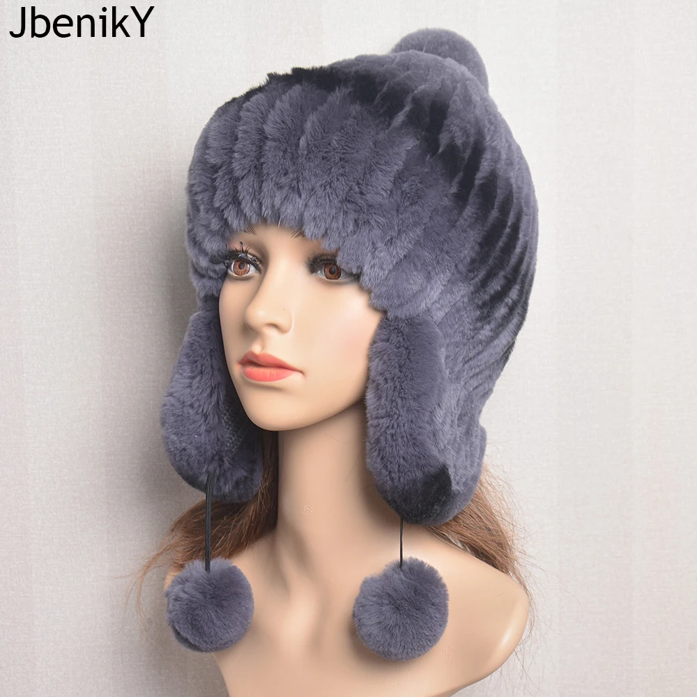 Hot Sale Luxury Women Winter Striped Natural Real Rex Rabbit Fur Hats Lady Warm Knit Genuine Fur Caps Russian Outdoor Fur Hats