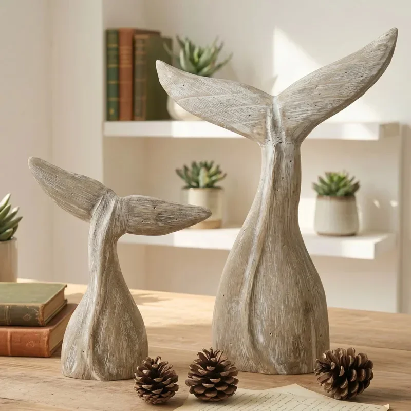 Wood Vintage Handmade Whale Tail Ornament Coastal Nautical Tail Sculpture For Beach House Table Decor Vacation Home Gift