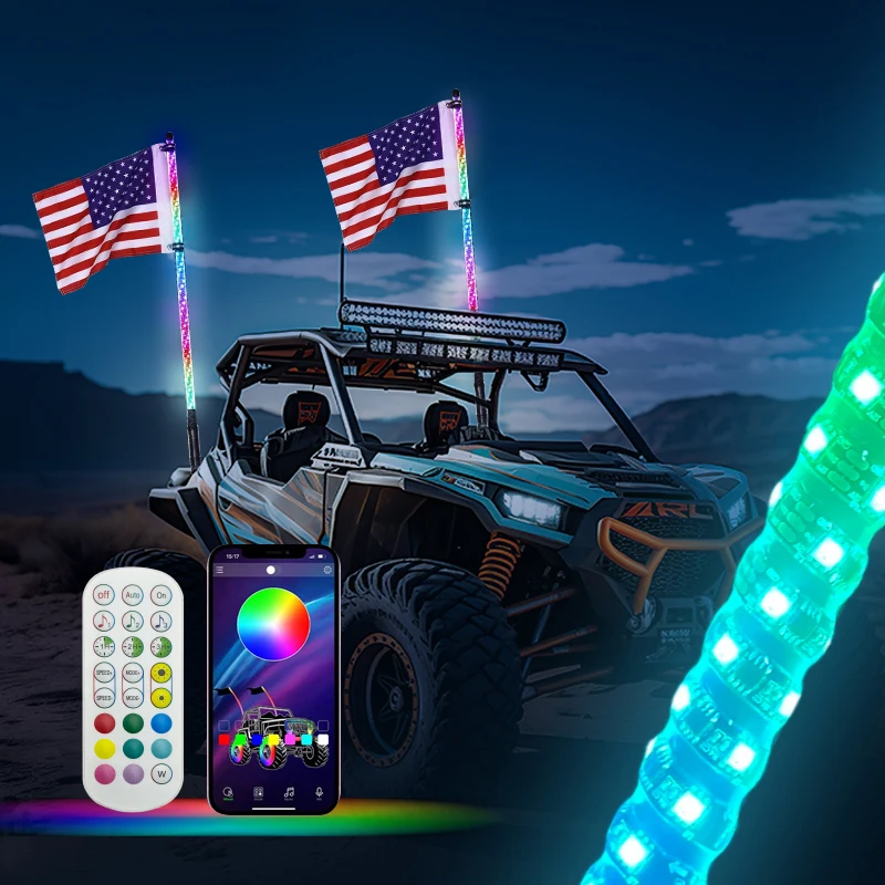 2PCS 2FT LED Whip Lights, Music APP Remote Control Flagpole Antenna Whips, for UTV, ATV, Off Road, Truck, Sand, Buggy Dune, RZR