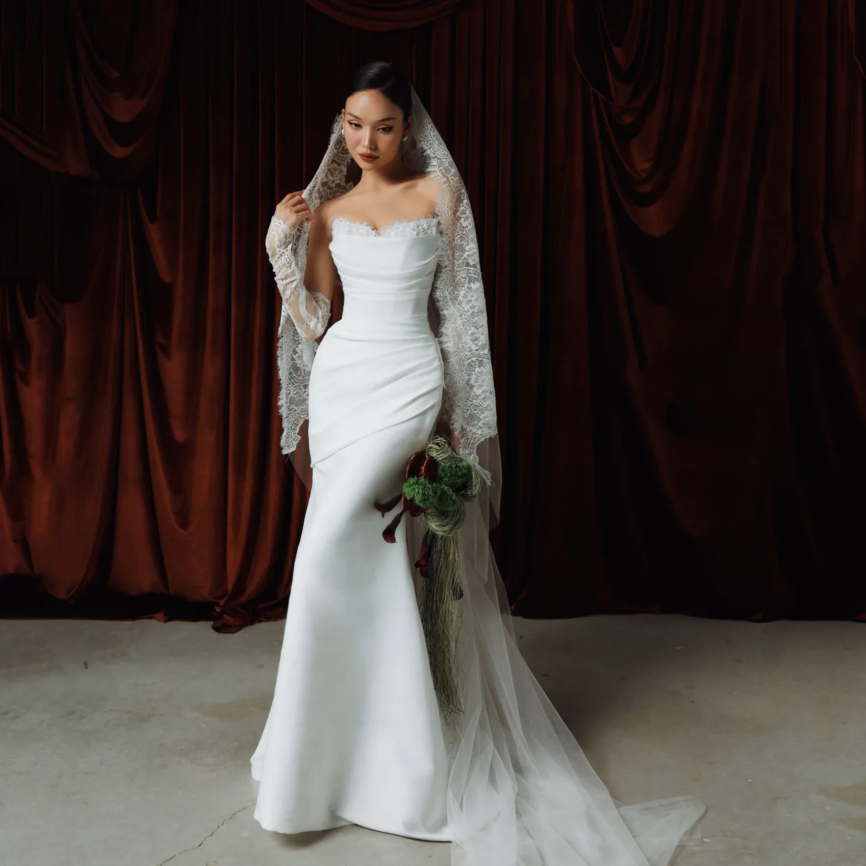 

Strapless Satin Mermaid Wedding Dresses 2026 Applique Full Sleeve Elegant Pleated Bride Gowns vestido de noiva sereia Customized