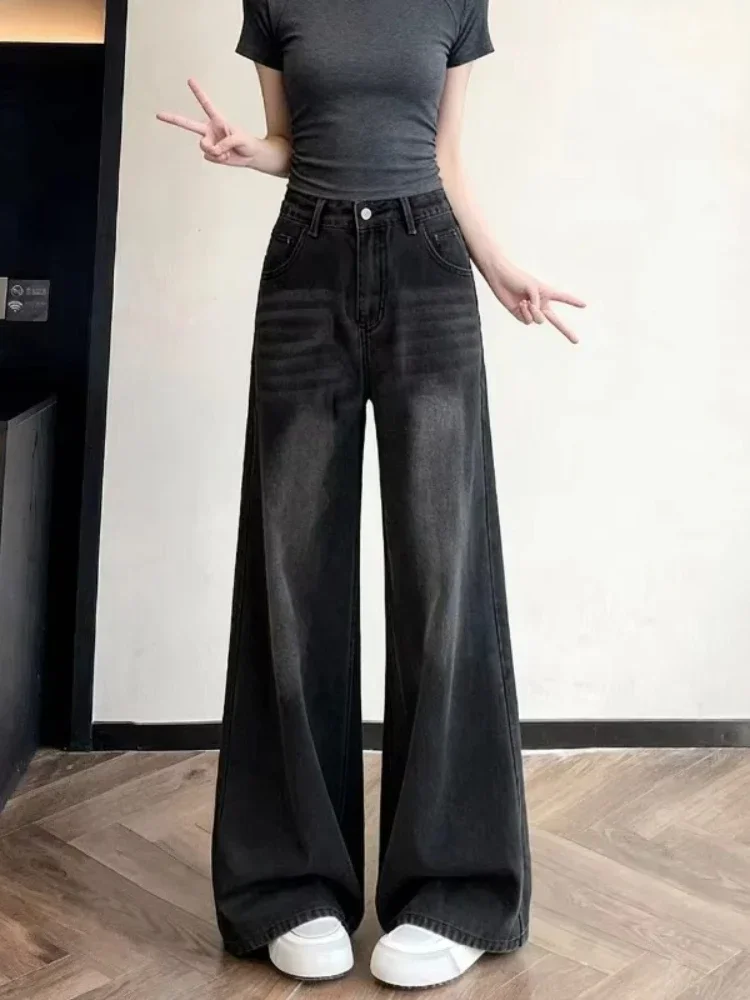Women High Waist Wide Leg Jeans Vintage Black Gradient Washed Loose Floor Length Denim Pants Y2K Streetwear Casual Long Trousers