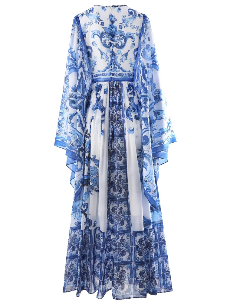 SEQINYY Sicily Long Dress Summer Spring New Fashion Design Women Runway Chiffon Flare Sleeve High Street Flowers Blue Print