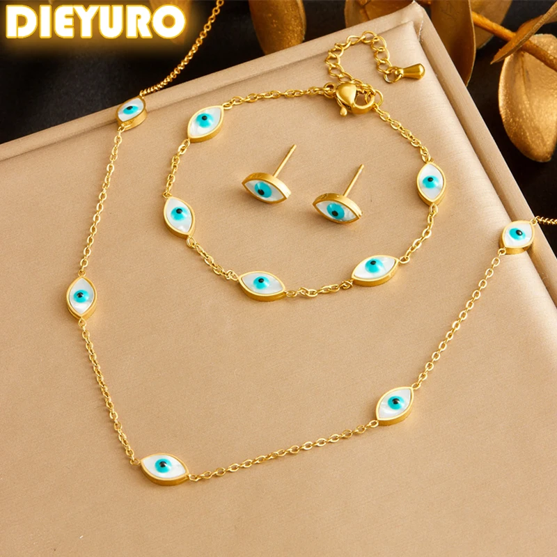 DIEYURO 316L Acero inoxidable azul el ojo del diablo collar pulsera pendientes mujeres 2024 nueva tendencia de ojo de demonio conjunto de joyería sin decoloración