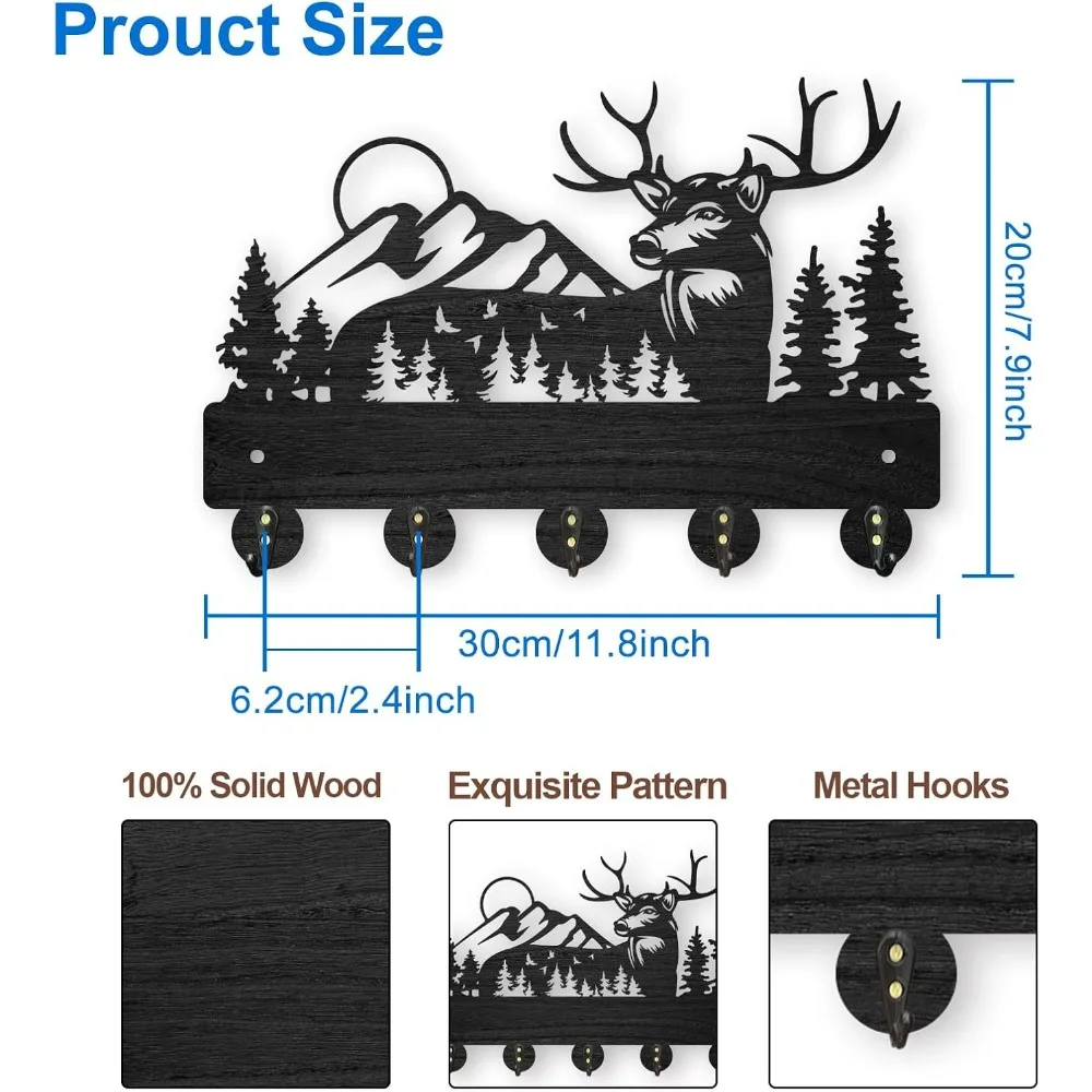 Deer Coat Rack Wall Mount 11.8×8inch Wood Forest Deer Key Holder Deer Mountain Wall Coat Rack Hooks Black Wooden Antlers Wall