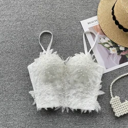 Women Hotsweet Sleeveless Sexy Chest Cushion Lace Backless Embroidered Beads Slim Straps Camis Top High Street Autumn Clothing