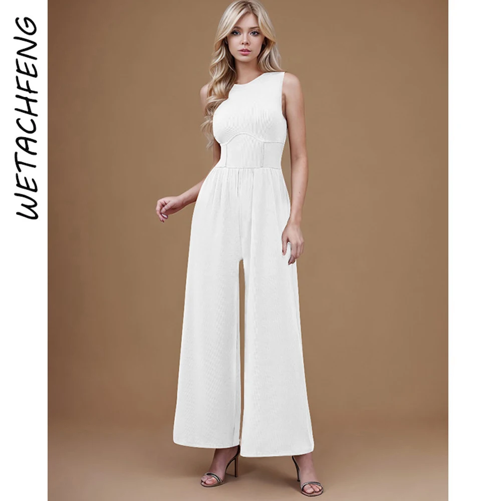 

One Piece Overalls For Women Summer Sexy Slim Wide Leg Pants Jumpsuits 2024 Fashion Sleeveless White Knitted Outfits Rompers