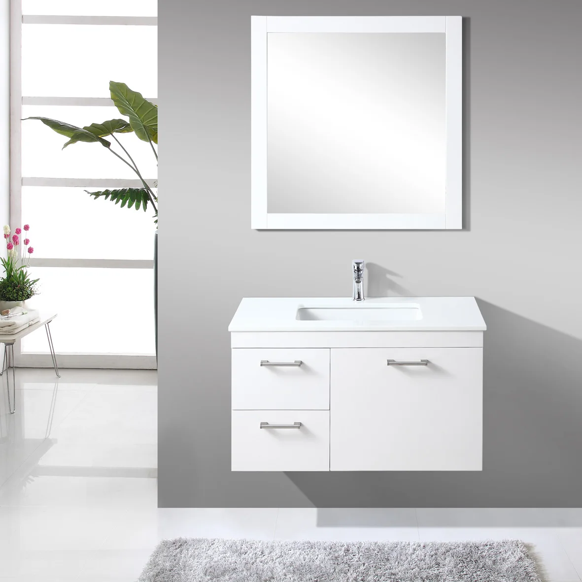 Armario de baño de madera de roble, mueble montado en la pared, lavabo individual, tocador de baño, pintura blanca, OEM, Fábrica de Foshan