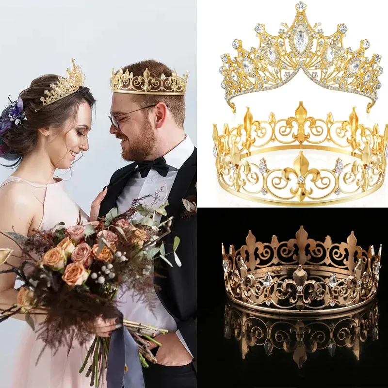 2 pieces of Baroque queen crowns for men and women, zinc alloy prince queen gemstone hair with rhinestones, dance party wedding