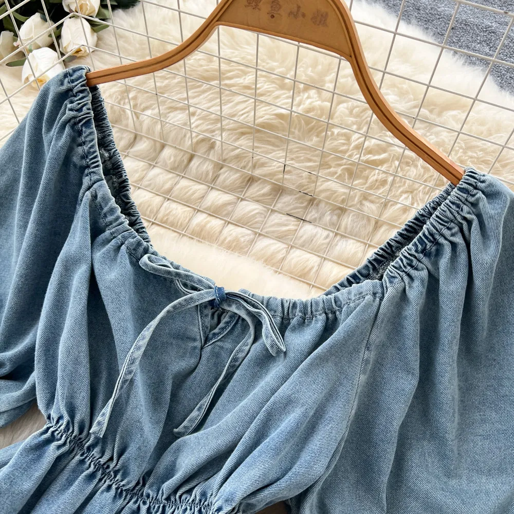 Ruffled Denim Two Piece Set for Woman Puff Sleeve Vest High Waist Wide Leg Pants Slim Summer Women Matching Outfit