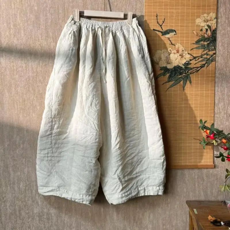 2026 Spring Autumn Women Elastic Waist Loose Casual Ankle-length Pants Double-deck Cotton Linen Wide Leg Pants High Quality 2689