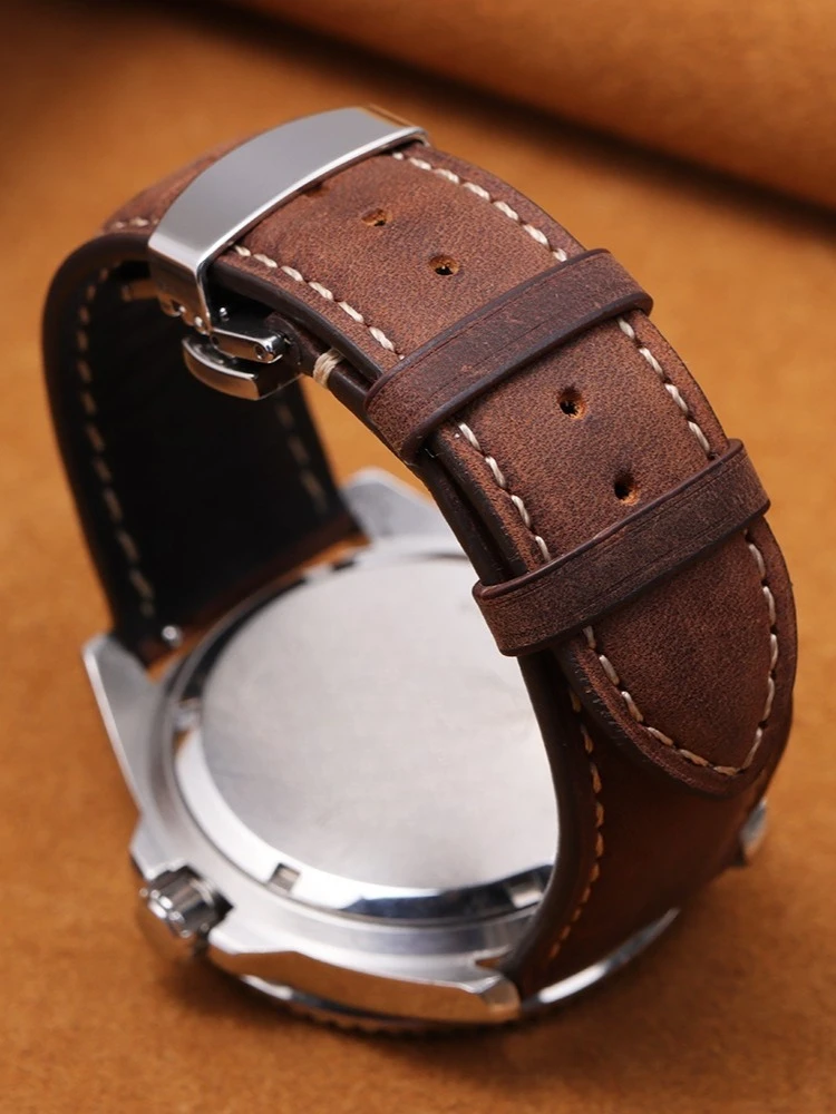 Echtes Rindslederarmband für Omega Business-Uhrenarmband für Seiko 14/16/18/20/22/24 mm Butterfly-Schnallennaht, braune Träger