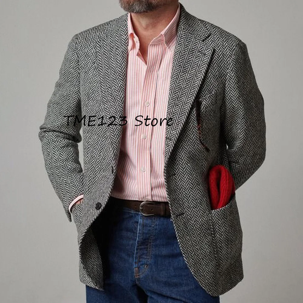 

Classic Men's Suit Jackets for Man Herringbone Fabric Square Pockets Notch Lapels Vintage Casual Three Buttons Suits Fashion