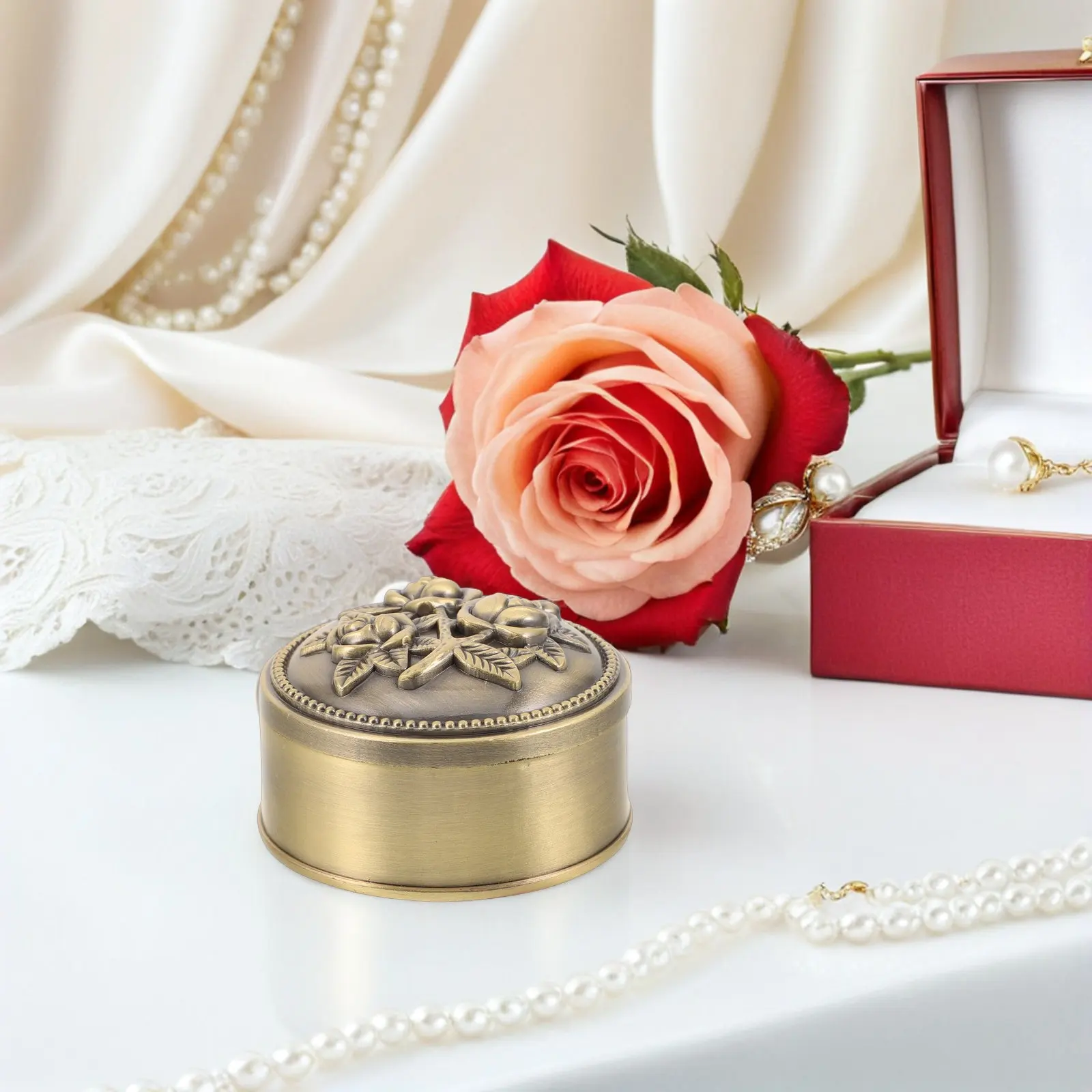 Rose Jewelry Box Metal Decorative Vintage Ring Holder Trinket Storage Case Proposal Engagement Keepsake Organizer