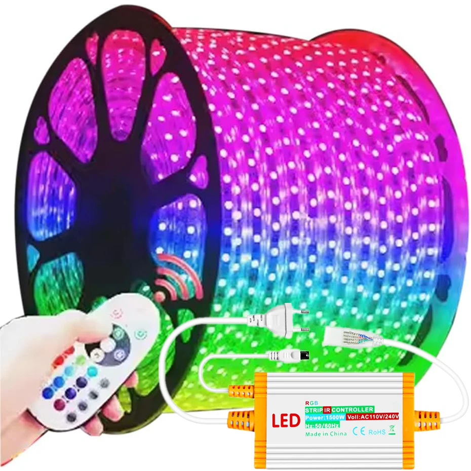 5M 15M 30M 50M 220V LED Strip RGB 5050 Flexible LED Light Outdoor Waterproof LED RGB Ribbon 60Leds/m Led Tape EU Power Plug