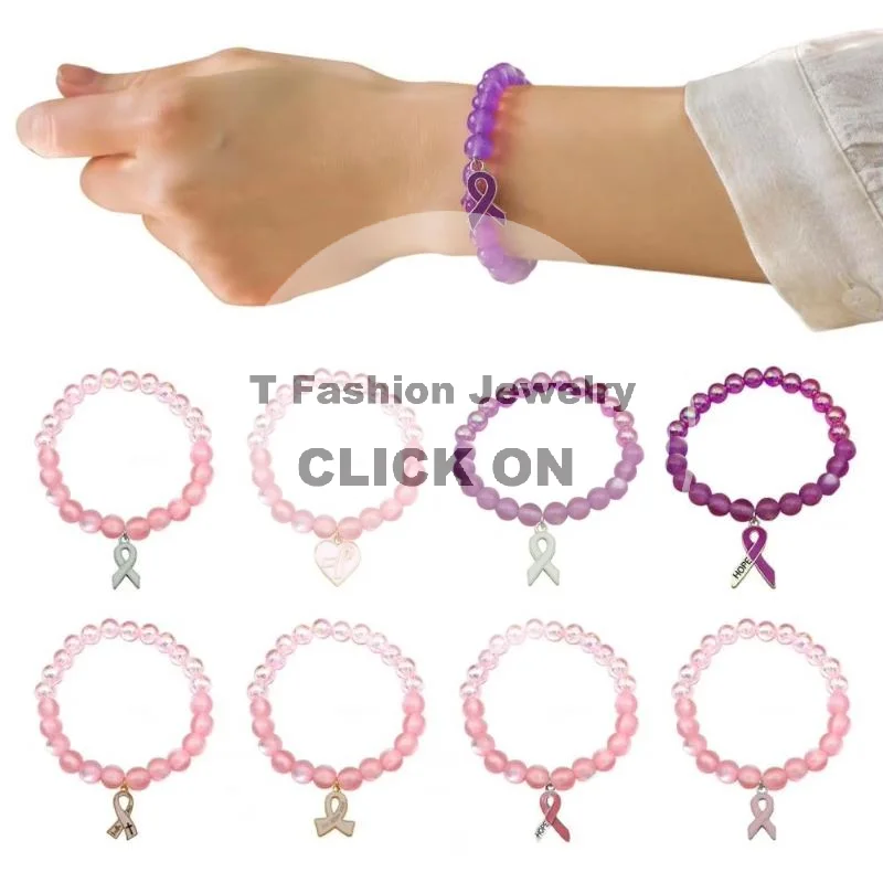 Breast Cancer Awareness Stretch Beaded Bracelet 1Pcs Pink Ribbon Decor for Charity Campaign Women Daily Jewelry Gift