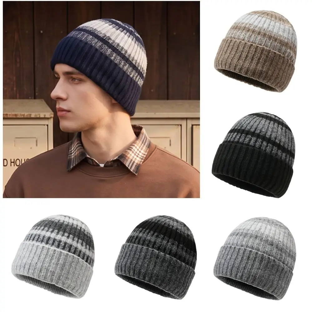 Trendy Gradient Color Knitted Beanie Hat Windproof Cold Proof Warm Winter Cap Thickened Pullover Hat Unisex