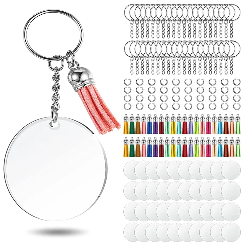 Acrylic Keychain Blank Set, Clear Circle Acrylic Blank Bulk ( 2 Inch) + Keychain Ring + Jump Rings + Tassels