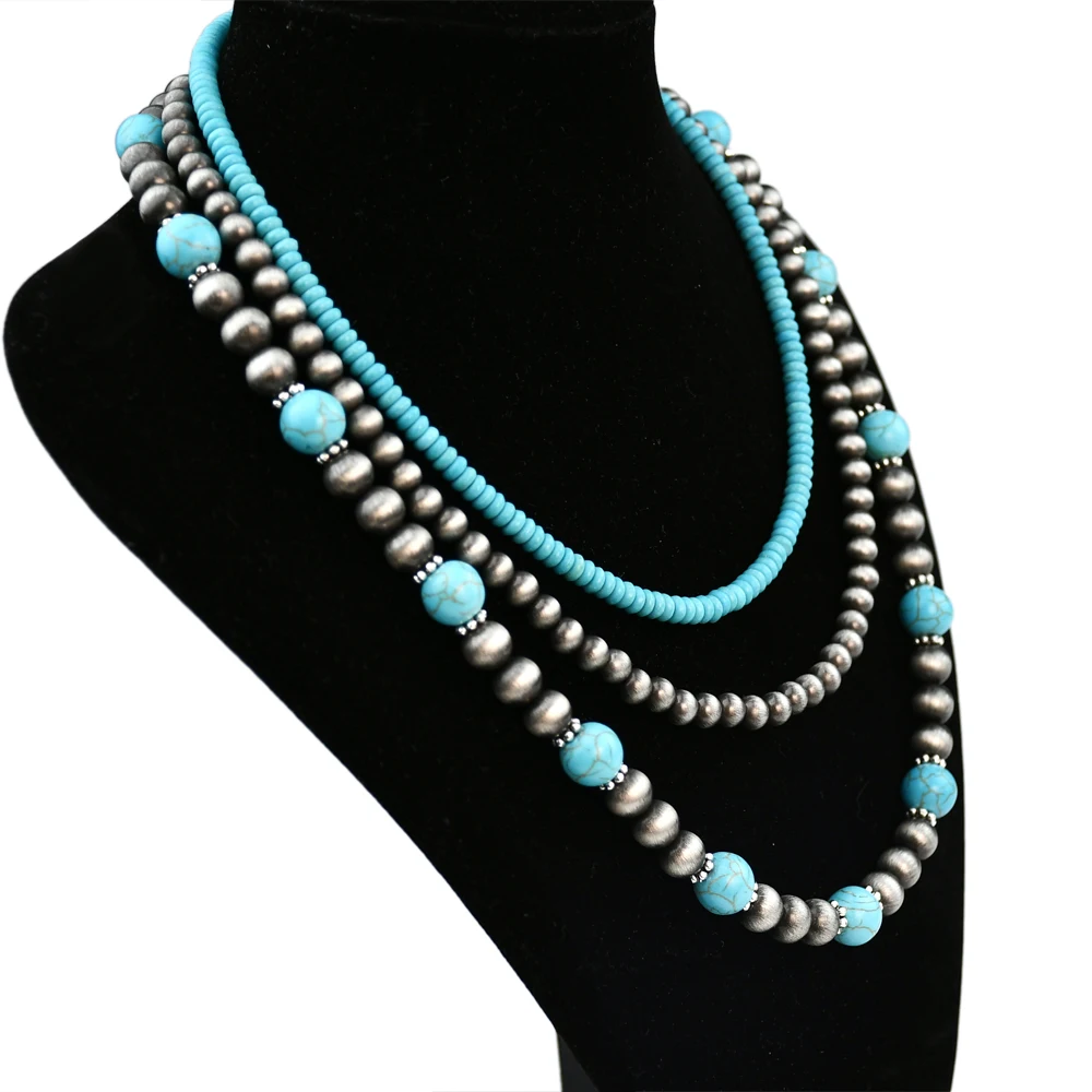 Yumfeel 3pcs Western Style Navajo Pearl Vintage Turquoise Beaded Necklaces Women Bohemian Vacation Handmade Choker