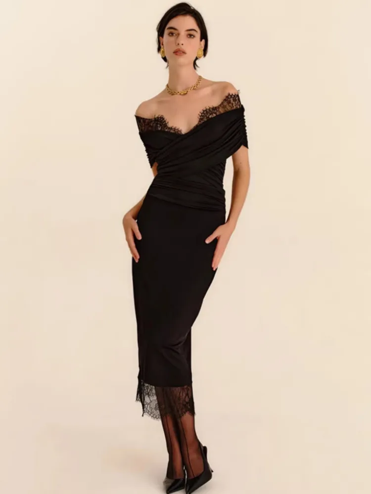 

Blifanbo Lace Patchwork Bodycon Sexy Maxi Dress Women Gown Spring Summer Black Slash Neck Split Slim Club Party Dress Fashion