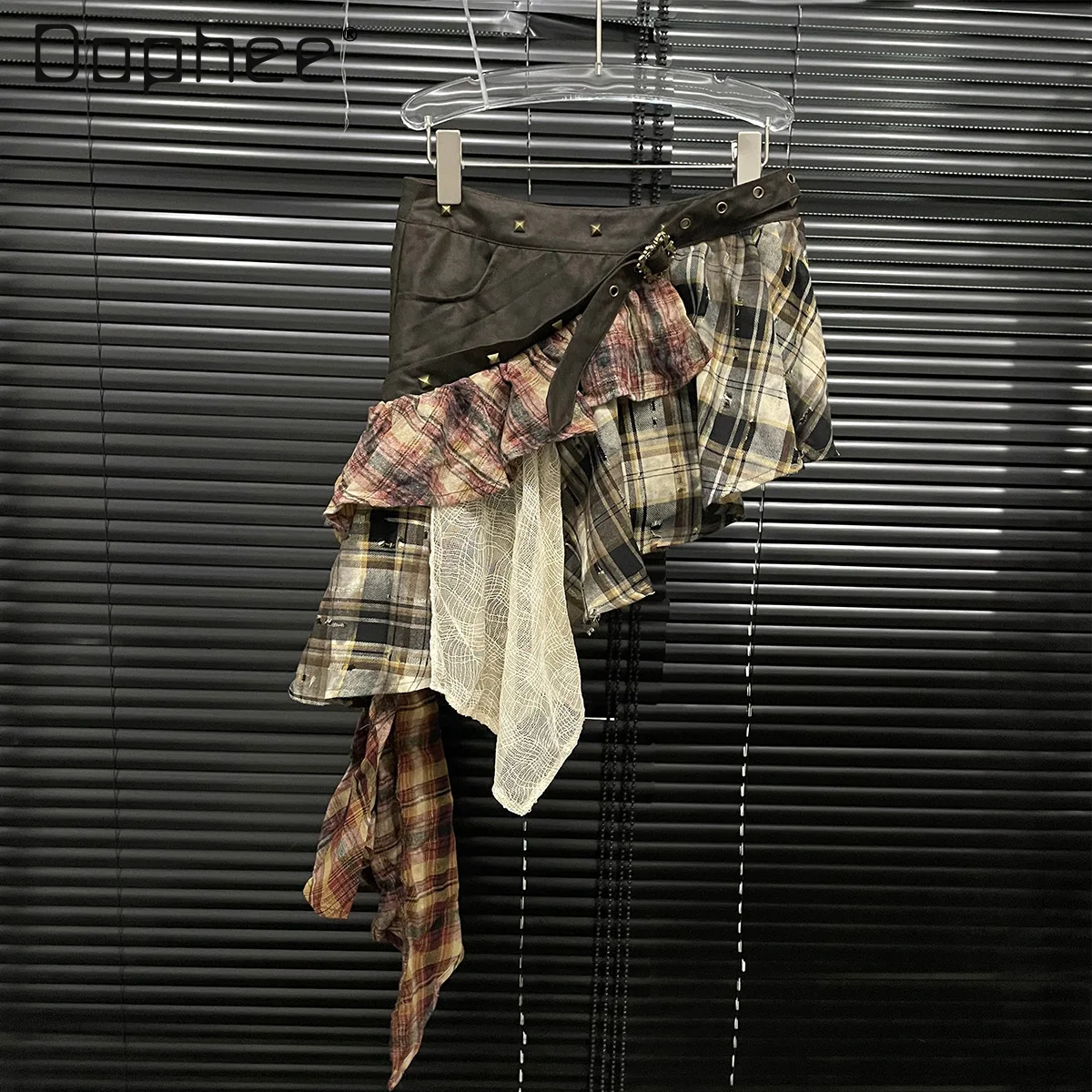 

American Street Retro Punk Style Splicing Plaid Irregular Skirt Women Spice Girl Y2K High Waist Slim Mini Skirt Summer New