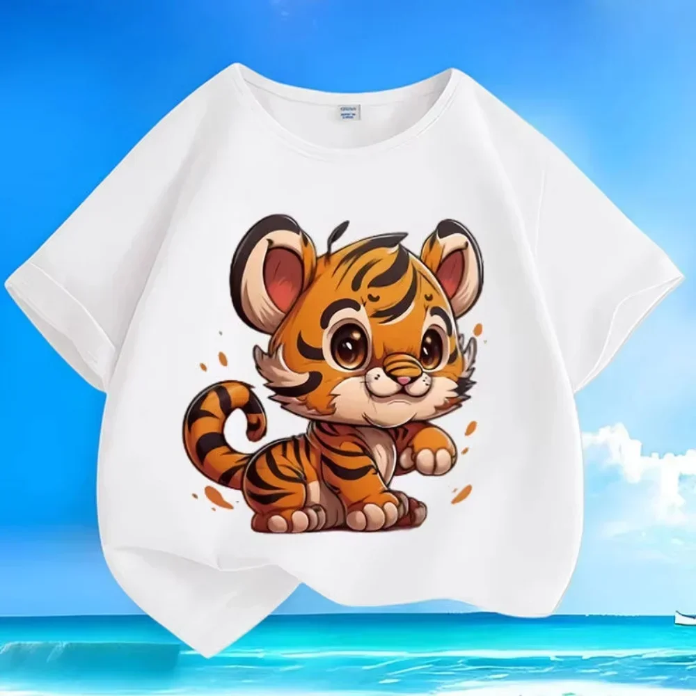 Sweet Cartoon Cub Tiger Animal Graphic Toddler White Round Neck Short Sleeve Casual Kids Summer Top