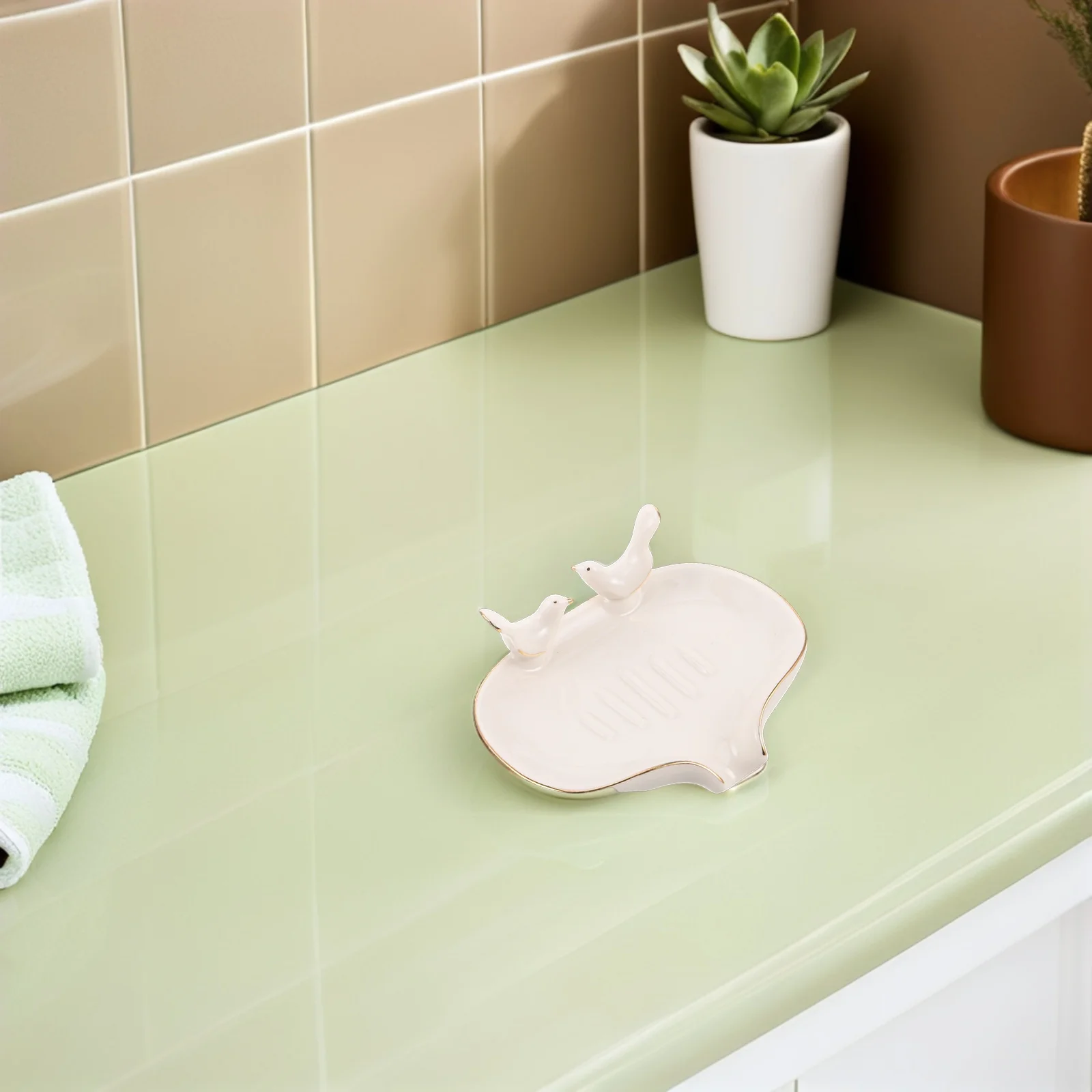 

White Ceramic Soap Dish with Golden Bird Accent Drain Holder for Bathroom Kitchen Sink Decorative Jewelry Trinket Tray