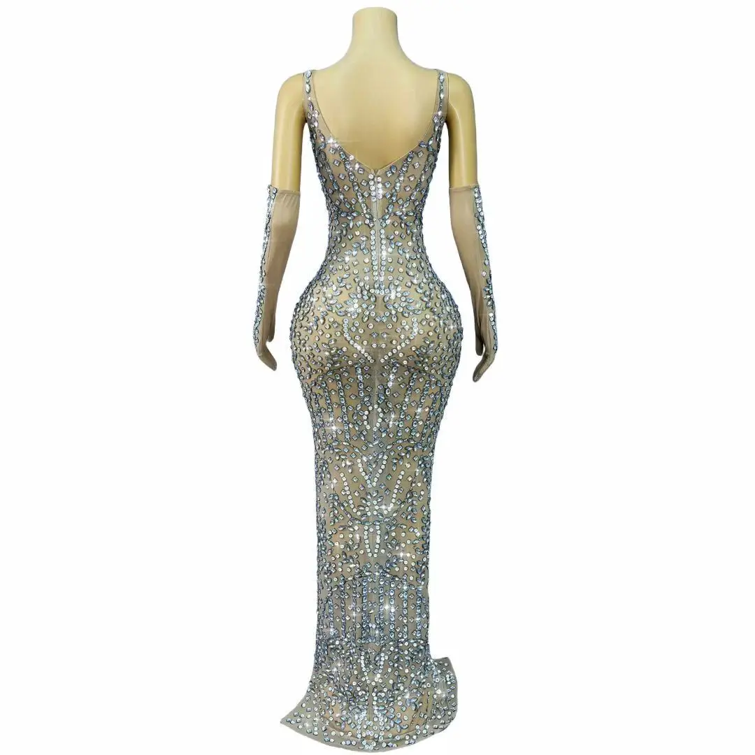 فستان سهرة فاخر من Xingyunzuan فضي كامل الماس ومنظور شبكي مع قفازات للحفلات الراقصة وحفلات الزفاف وحفلات الزفاف #4