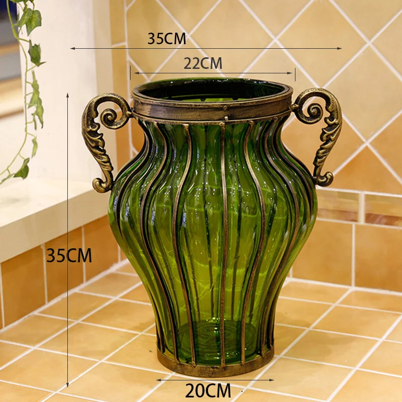 Glass vase ornament living room large flower arrangement European retro green hydroponic flowers porch edge few American light