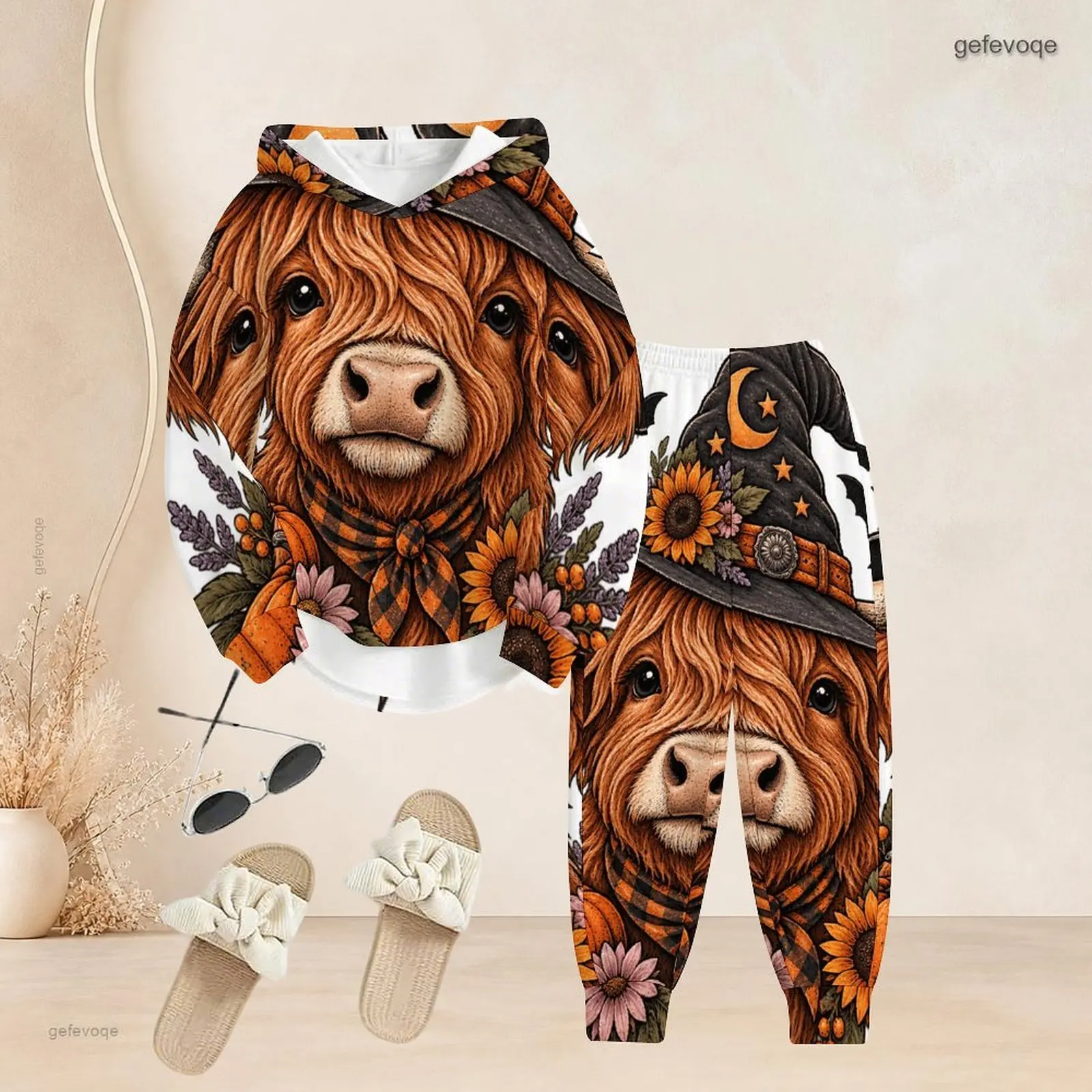 Highland Cow Witch Print Hooded Long Sleeve Top And Cuffed Pants Two Piece Set