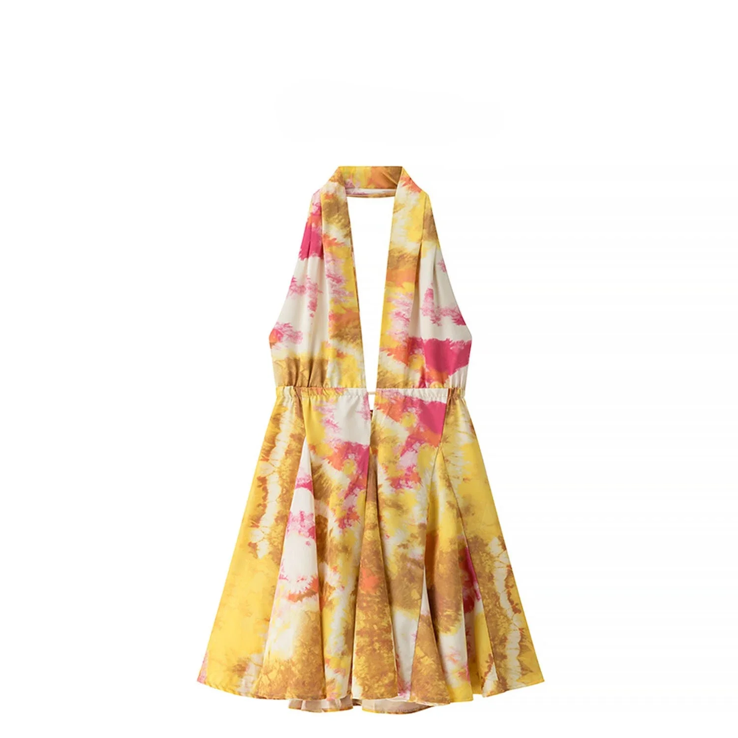 Gaun pendek wanita motif Fashion baru musim panas vestidos wanita leher gantung kerah V seksi