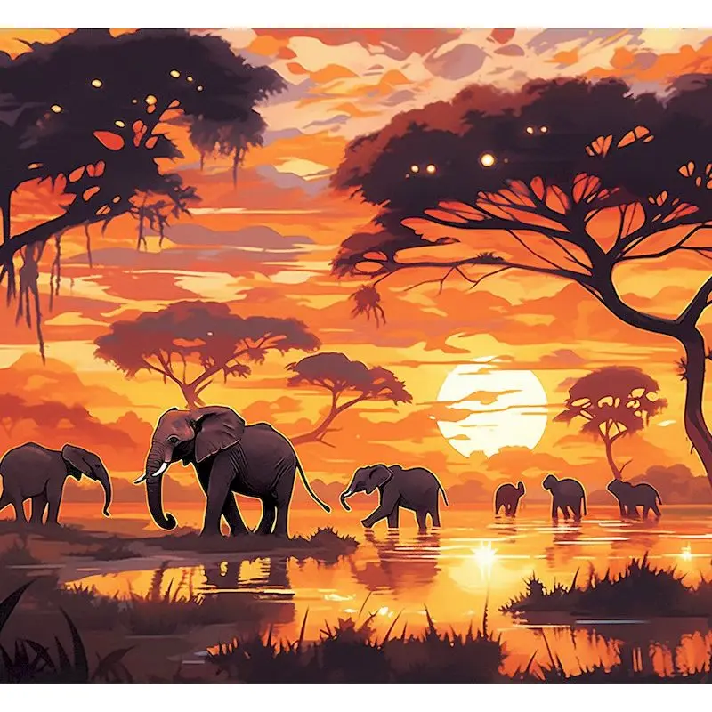 GATYZTORY Sunset Elephants DIY Painting By Numbers