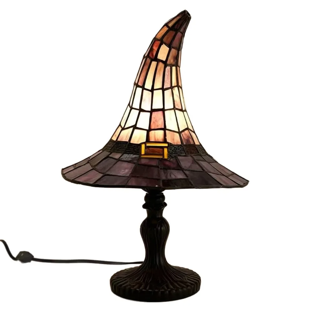 Handcrafted Resin Witch Hat Lamp Stained Glass Style Purple Color Wizard Hat Light USB Powered Tabletop Design