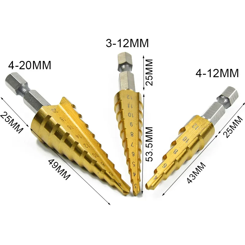 HSS Step Drill Bit 3-12mm/4-12mm/4-20mm, Cone Titanium Coated High Speed Steel Multi-Functional Industrial DIY Metalworking
