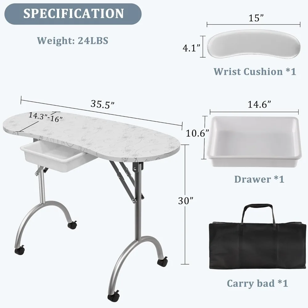 30“H Manicure Nail Table, Portable & Foldable Nail Desk Workstation with Large Drawer/Client Wrist Pad/Lockable Rolling Wheels