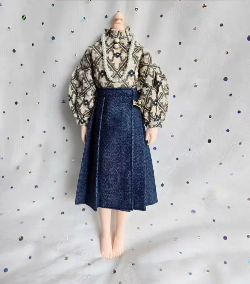 2pcs 2025 Classic style Blythe/landoudou Vintage printed checkered shirt+midi skirt  (Fit for Lulu,ymy24,Ob22,24,26,zone, Jenny)