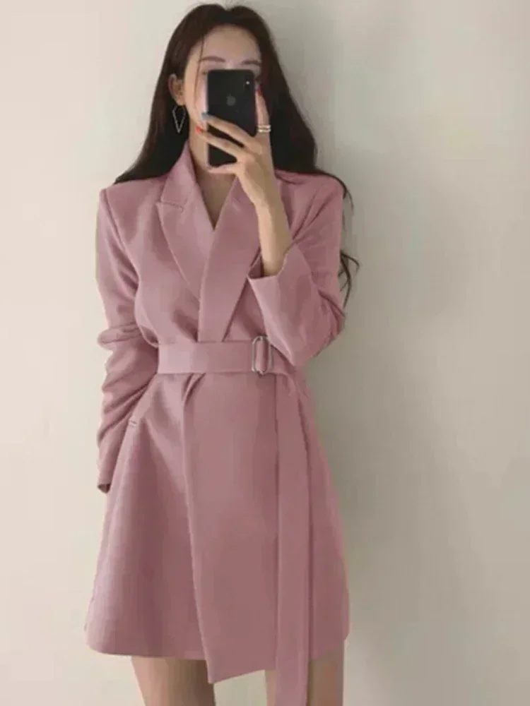 Korean Autumn Office Wear Women's fashion Cropped Blazer Jacket Mid-length Belt Tops Black Blazers for Women Clothing Outerwear