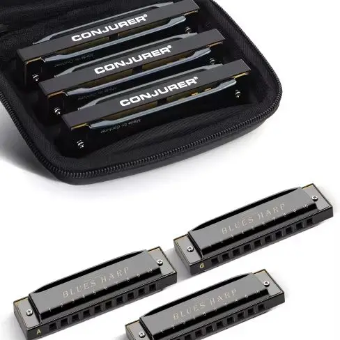 CONJURER Blues Harmonica Set with 3 Keys (A,C,G) 10 Hole 20 Tone Diatonic for Adults Beginners Professionals as Gifts & Teaching