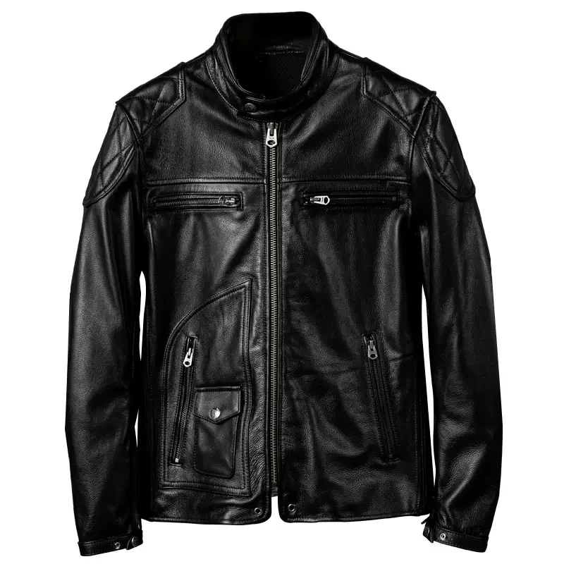 Men's Genuine Cowhide Leather Racing Jacket Black Pebbled Quilted Shoulder Armor Band Collar Multi Pocket Utility Moto Coat