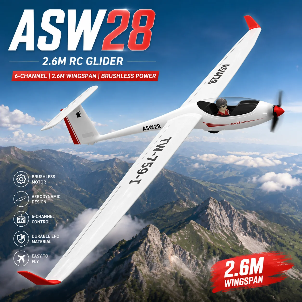 Volantex 75901 2600mm 6Ch Rc Airplane Fixed Wing Remote Control Glider Asw28 Model Aircraft For Hobby Outdoor Flying